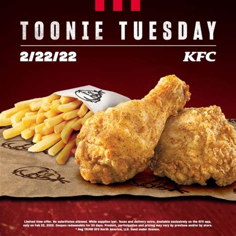 National Fried Chicken Day won't fall on a Tuesday again until 2027, which makes this<b> Toonie Tuesday</b> an extra-special one. . Kfc toonie tuesday